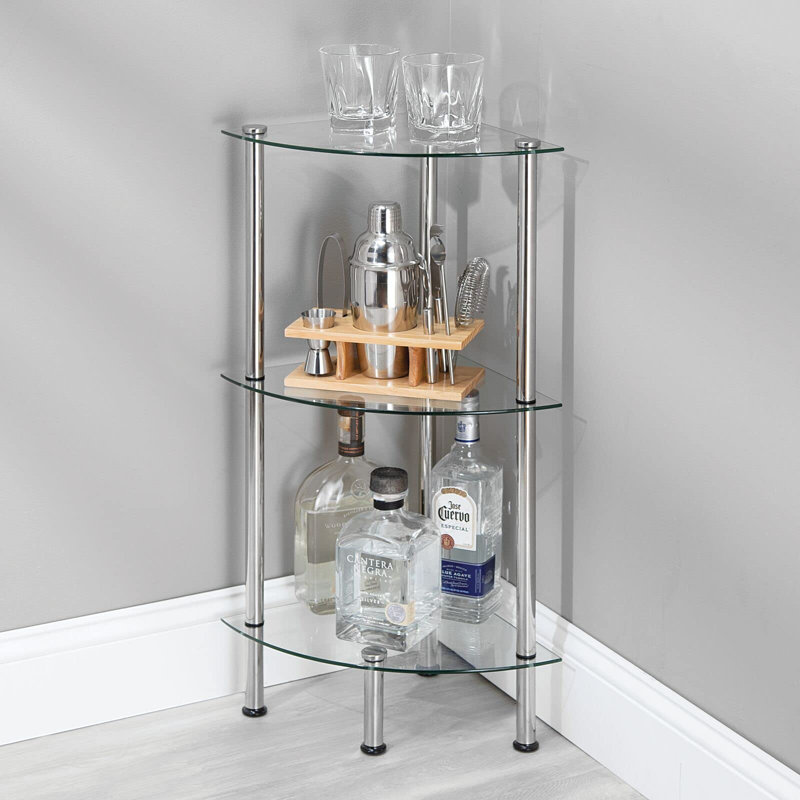 Brayden Studio Modern Glass Corner 3 Tier Storage Organizer Tower Cabinet With Open Shelves Household Furniture For Bathroom Office Bedroom Living Room Holds Books Plants Candles Chrome Clear Wayfair